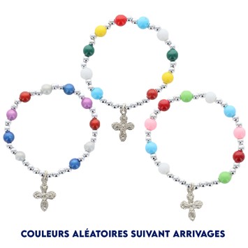Bracelet dizainier sur élastique pour enfant avec grains saturne multicolore Ø 6 mm avec croix métal ou médaille