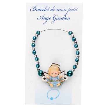Bracelet sur élastique pour enfant, grains nacrés Ø 4 mm, avec médaille ange bois.