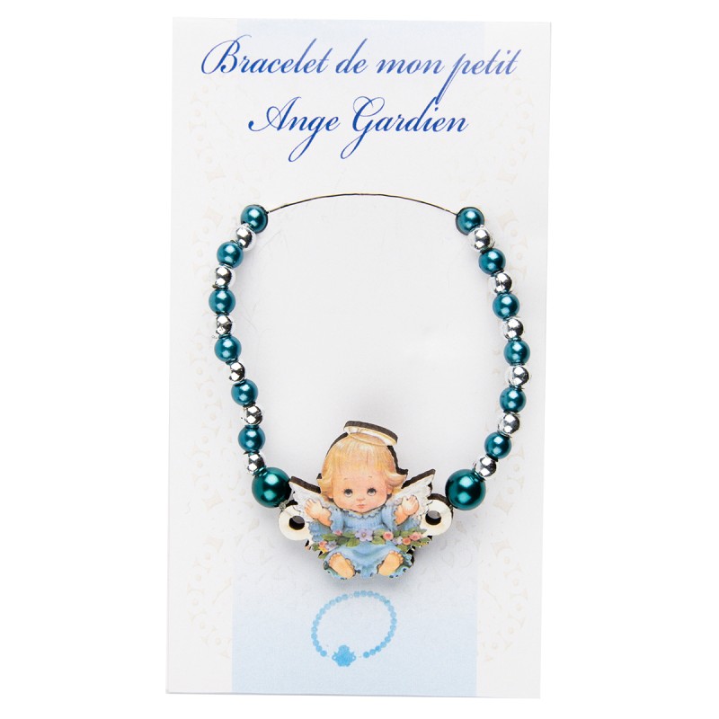 Bracelet sur élastique pour enfant, grains nacrés Ø 4 mm, avec médaille ange bois.
