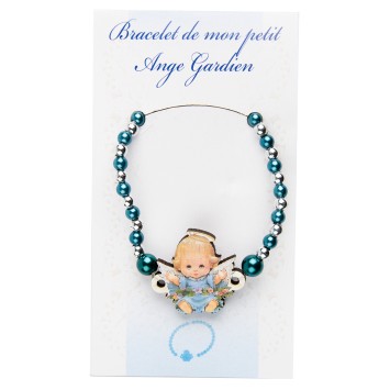 Bracelet sur élastique pour enfant, grains nacrés Ø 4 mm, avec médaille ange bois.