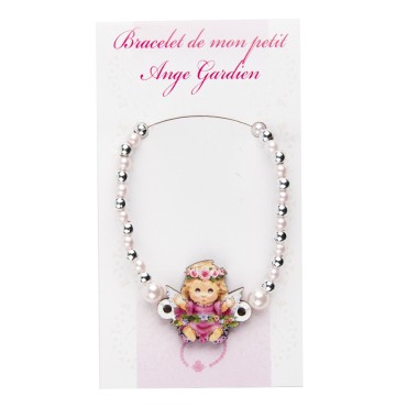 Bracelet sur élastique pour enfant, grains nacrés Ø 4 mm, avec médaille ange bois.