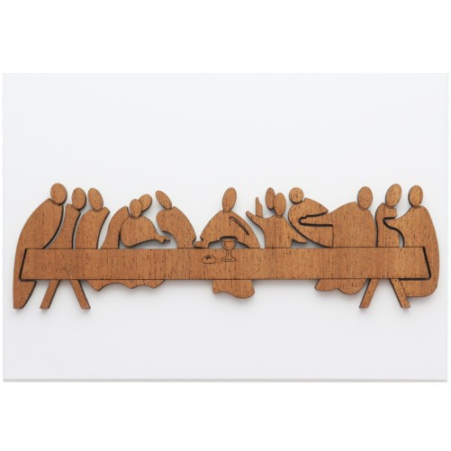 Cadre en bois blanc avec sujet Cène en bois découpé au laser a poser ou a suspendre H. 9 x 18 cm.