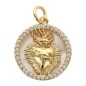 Médaille en coquille naturelle de l ex-voto en laiton dore incrustée de pierres OZ, Ø 1,6 cm . VENDU PAR LOT DE 5.