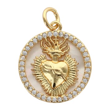 Médaille en coquille naturelle de l ex-voto en laiton dore incrustée de pierres OZ, Ø 1,6 cm . VENDU PAR LOT DE 5.