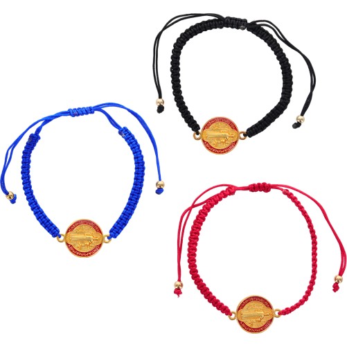 Bracelet sur corde réglable assorti avec médaille de Saint Benoit émaillée Ø 1,7 cm doree. LOT DE 6 ASS