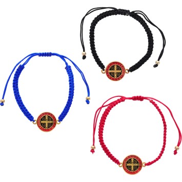 Bracelet sur corde réglable assorti avec médaille de Saint Benoit émaillée Ø 1,7 cm doree. LOT DE 6 ASS