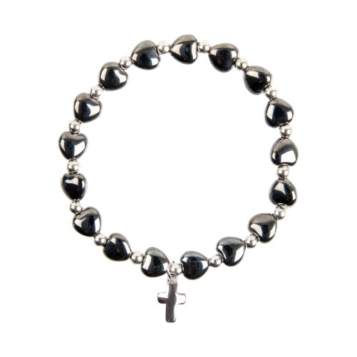 Bracelet sur élastique grains en hématite forme cœur Ø 8 mm, avec croix métal.