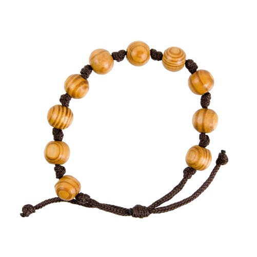 Bracelet dizainier sur corde réglable grains ronds en bois d'olivier, Ø 1 cm.