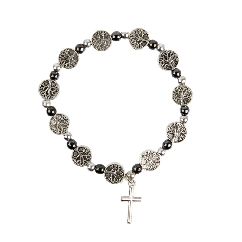 Bracelet sur elastique grains medaille arbre de vie et grains en hematite, Ø 9 mm, avec croix metal.