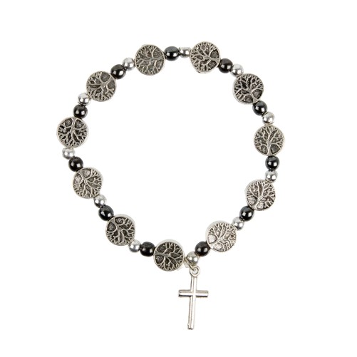 Bracelet sur elastique grains medaille arbre de vie et grains en hematite, Ø 9 mm, avec croix metal.