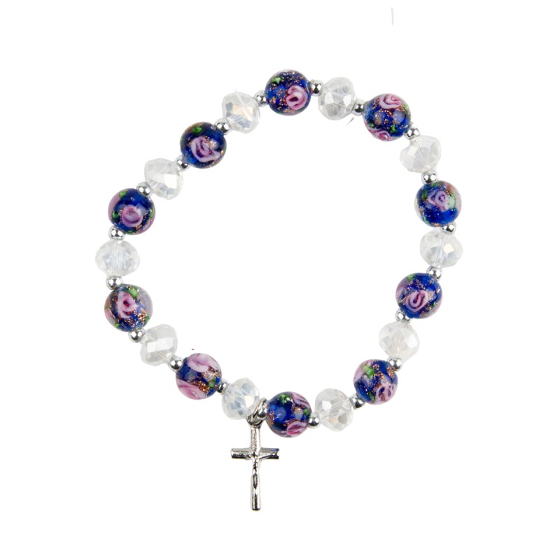 Bracelet dizainier sur elastique grains semi cristal et grains verre avec fleur incrustee, Ø 5 mm avec croix.
