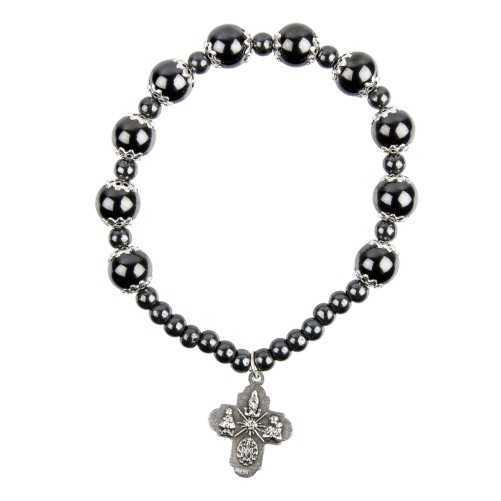 Bracelet dizainier sur élastique en hématite Ø 8 mm et coupelles couleur argentée, avec croix.