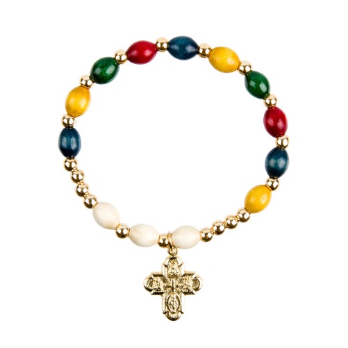 Bracelet dizainier sur élastique grains en bois couleurs des missions Ø 8 mm avec croix.