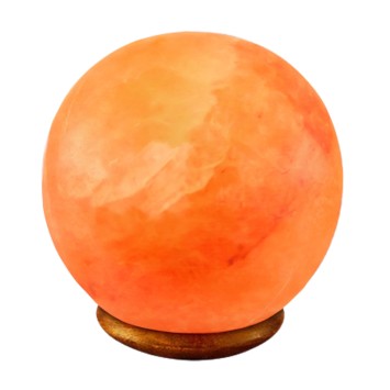 Lampe forme sphere de sel de l Himalaya socle bois livree en boite individuelle avec cordon et ampoule Ø 15 cm.
