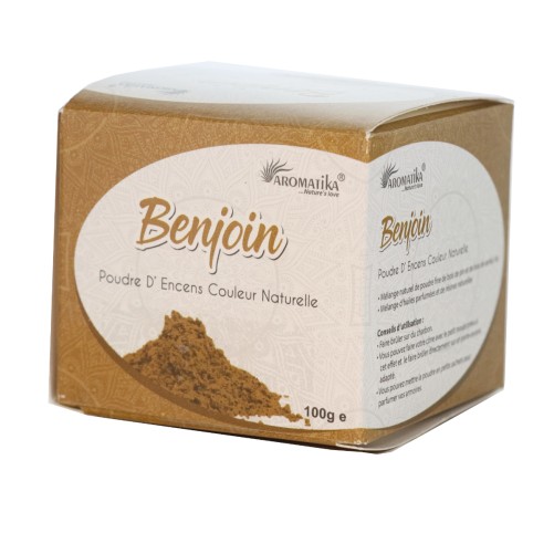 Poudre d’encens en boîte de 100 g, présentée avec cône et support pour une utilisation facile et immédiate.