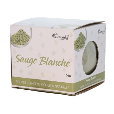 Poudre d’encens en boîte de 100 g, présentée avec cône et support pour une utilisation facile et immédiate.