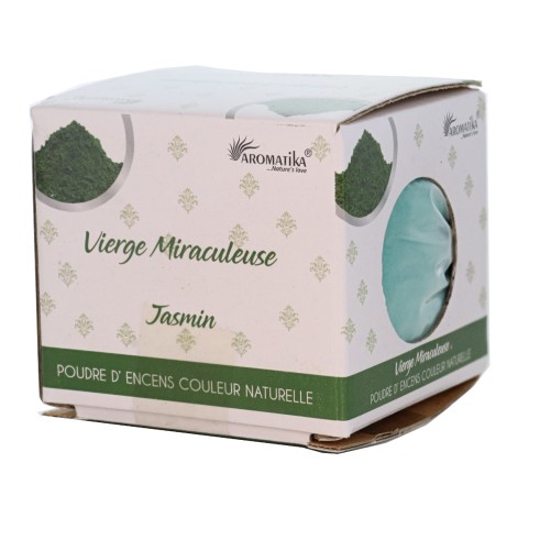Poudre d’encens en boîte de 100 g, présentée avec cône et support pour une utilisation facile et immédiate.