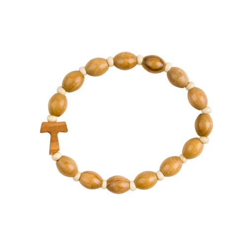 Bracelet sur élastique grains bois ovale Ø 6 mm, avec croix de Taux.