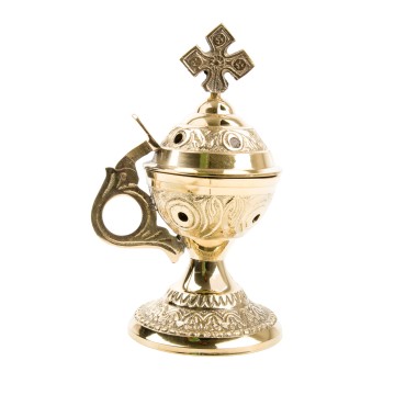 Brûle-encens en laiton ciselé et décoré avec croix, H 13 cm, Ø 5,5 cm. Livré en boîte individuelle.
