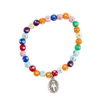 Bracelet sur élastique pour enfant, avec grains multicolores et strass, Ø 5 mm avec médaille V Miraculeuse.