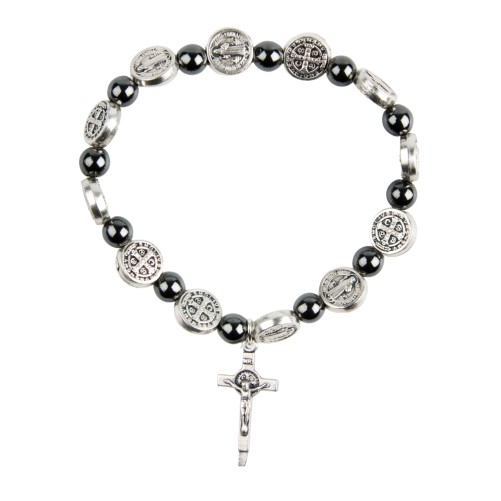 Bracelet sur élastique avec médailles de saint Benoit et grains hématite Ø 9 mm, avec croix de saint Benoit.
