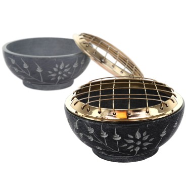 Brûle-encens en stéatite forme bol avec grille, H 4 cm, Ø 9 cm. Livré en boîte individuelle.