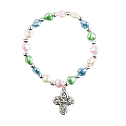 Bracelet sur élastique grains nacrés forme cœur Ø 8 mm, avec croix.