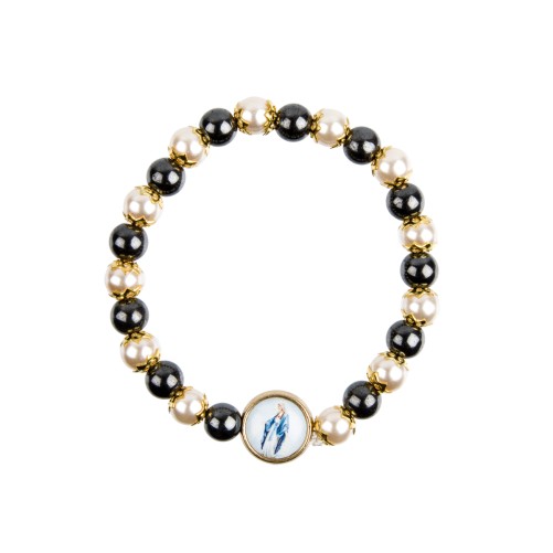 Bracelet sur élastique grains en hématite et grains nacrés blancs Ø 6 mm avec résine V Miraculeuse