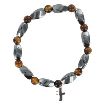 Bracelet dizainier sur élastique grains en pierre œil de tigre et hématite synthétique Ø 6 mm avec croix métal.