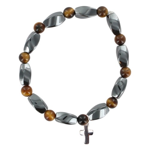 Bracelet dizainier sur élastique grains en pierre œil de tigre et hématite synthétique Ø 6 mm avec croix métal.