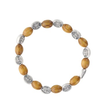 Bracelet dizainier sur élastique avec médailles de St Michel-Ange gardien et grains en bois Ø 9 mm-