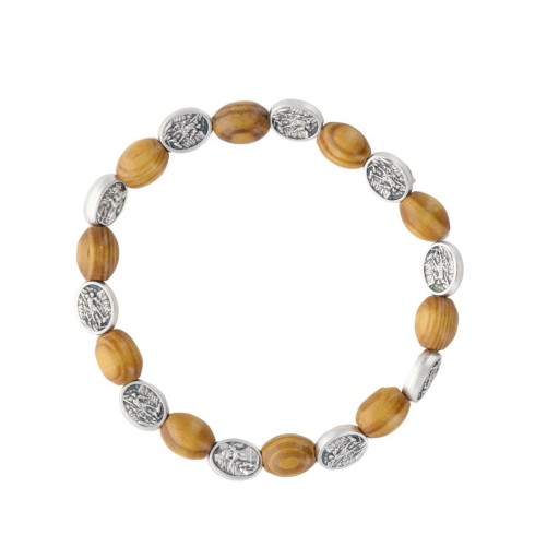 Bracelet dizainier sur élastique avec médailles de St Michel-Ange gardien et grains en bois Ø 9 mm-