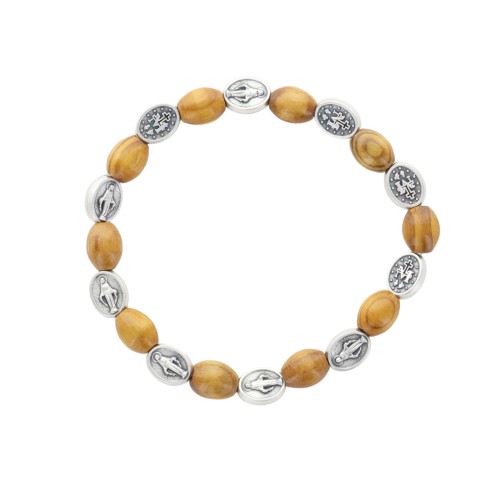Bracelet dizainier sur élastique avec médailles de la Vierge Miraculeuse et grains en bois Ø 9 mm .