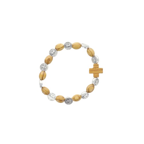 Bracelet dizainier sur élastique avec médailles de saint Benoit et grains en bois d'olivier Ø 9 mm .