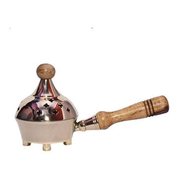 Brûle-encens en laiton et bois, Ø 7 cm, H 10 cm, avec poignée L 17 cm.