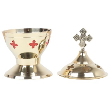 Brûle-encens doré double cuve avec croix, H 14 cm, Ø 7 cm. Livré en boîte individuelle.