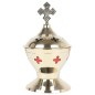 Brûle-encens doré double cuve avec croix, H 14 cm, Ø 7 cm. Livré en boîte individuelle.