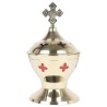 Brûle-encens doré double cuve avec croix, H 14 cm, Ø 7 cm. Livré en boîte individuelle.