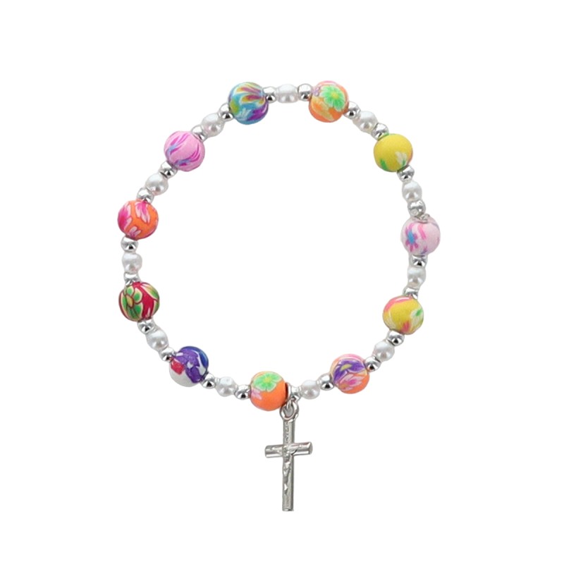Bracelet sur elastique grains gomme multicolores Ø 8 mm, avec croix metal.