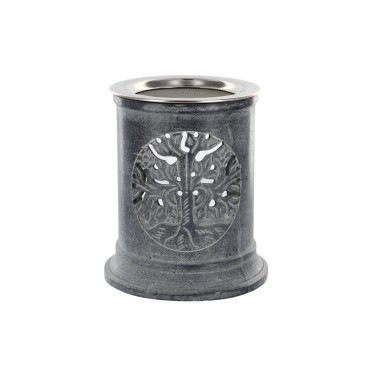 Brûle-encens photophore en stéatite ajourée Arbre de Vie, avec grille et bougie, H 10 cm, Ø 9 cm. Livré en boîte.