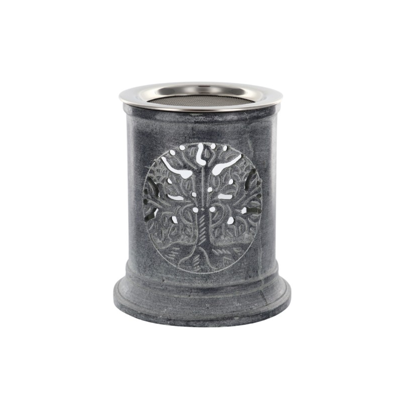 Brûle-encens photophore en stéatite ajourée Arbre de Vie, avec grille et bougie, H 10 cm, Ø 9 cm. Livré en boîte.
