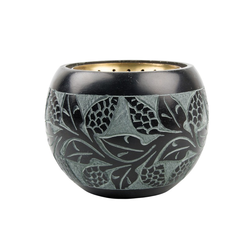 Brûle-encens arrondi en stéatite décoré avec grille, H 7,5 cm, Ø 8 cm. Livré en boîte individuelle.