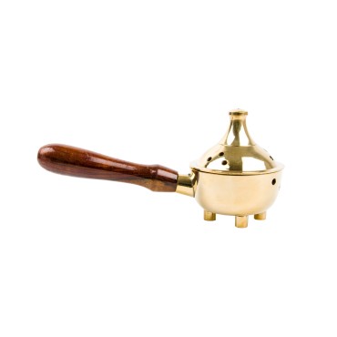 Brûle-encens en laiton avec poignée bois, L 20 cm, H 7 cm, Ø 7 cm. Livré en boîte individuelle.