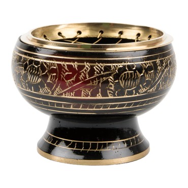 Brûle-encens en laiton noir ciselé avec grille, H 5,5 cm, Ø 6 cm. Livré en boîte individuelle.