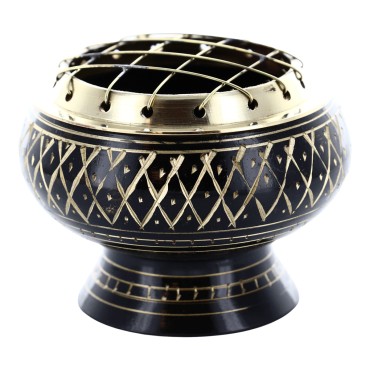 Brûle-encens en laiton noir strié avec grille, H 5 cm, Ø 6 cm. Livré en boîte individuelle.