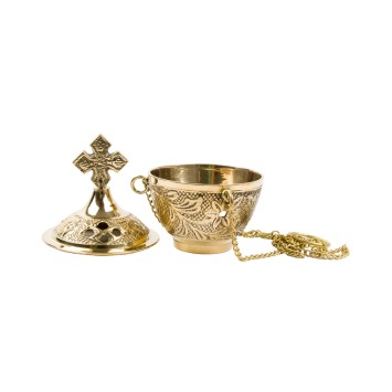 Brûle-encens ciselé avec croix et chaîne, H 10 cm, Ø 6 cm.
