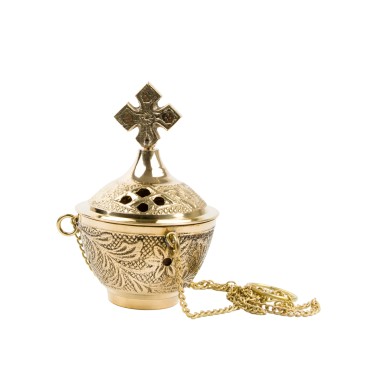 Brûle-encens ciselé avec croix et chaîne, H 10 cm, Ø 6 cm.
