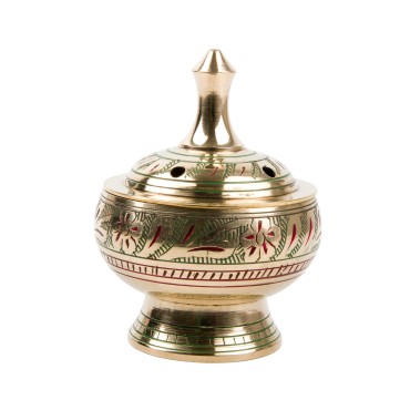 Brûle-encens en laiton émaillé décoré, H 7,5 cm, Ø 6 cm. Livré en boîte individuelle.