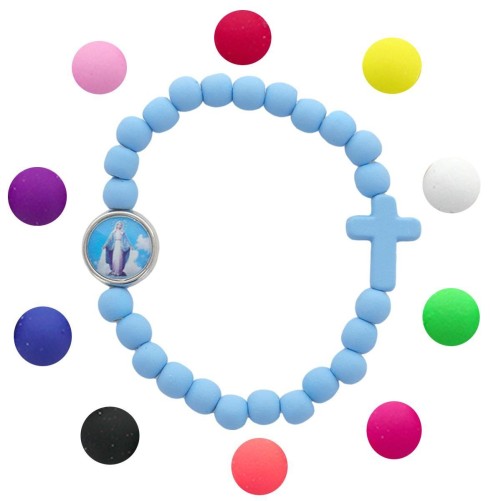 Bracelet sur élastique pour enfant, grains fluo de différentes couleurs Ø 5 mm. de la V. Miraculeuse. LOT DE 12