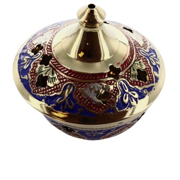 Brûle-encens en laiton ciselé et émaillé avec grille, H 5 cm, Ø 6 cm. Livré en boîte individuelle.